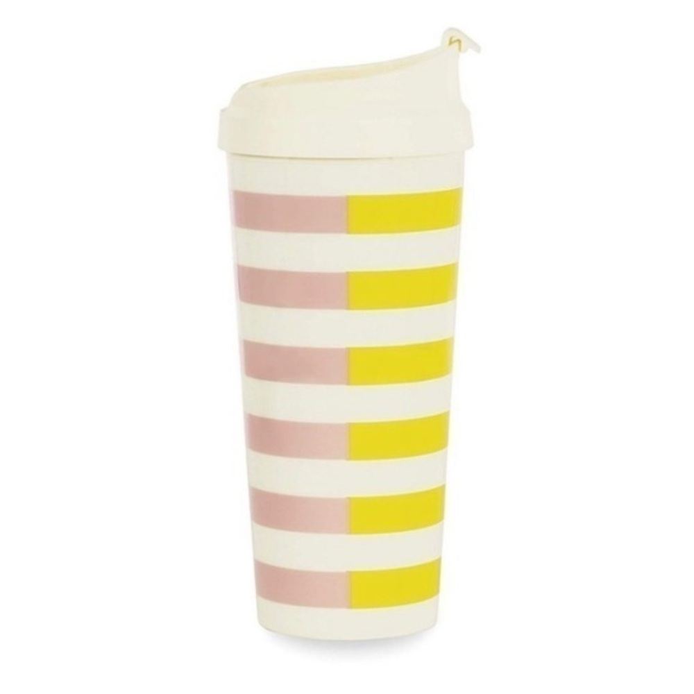 Kate Spade Pink/Yellow Insulated Thermal Travel Mug, 16 Ounces, Two-Tone Stripe